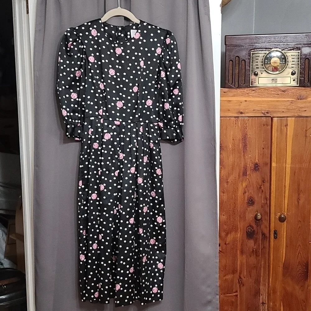 VTG‎ Petite Lanz USA Dress Black W/White Polka-dots/Pink Roses Pockets Sz 2 READ
